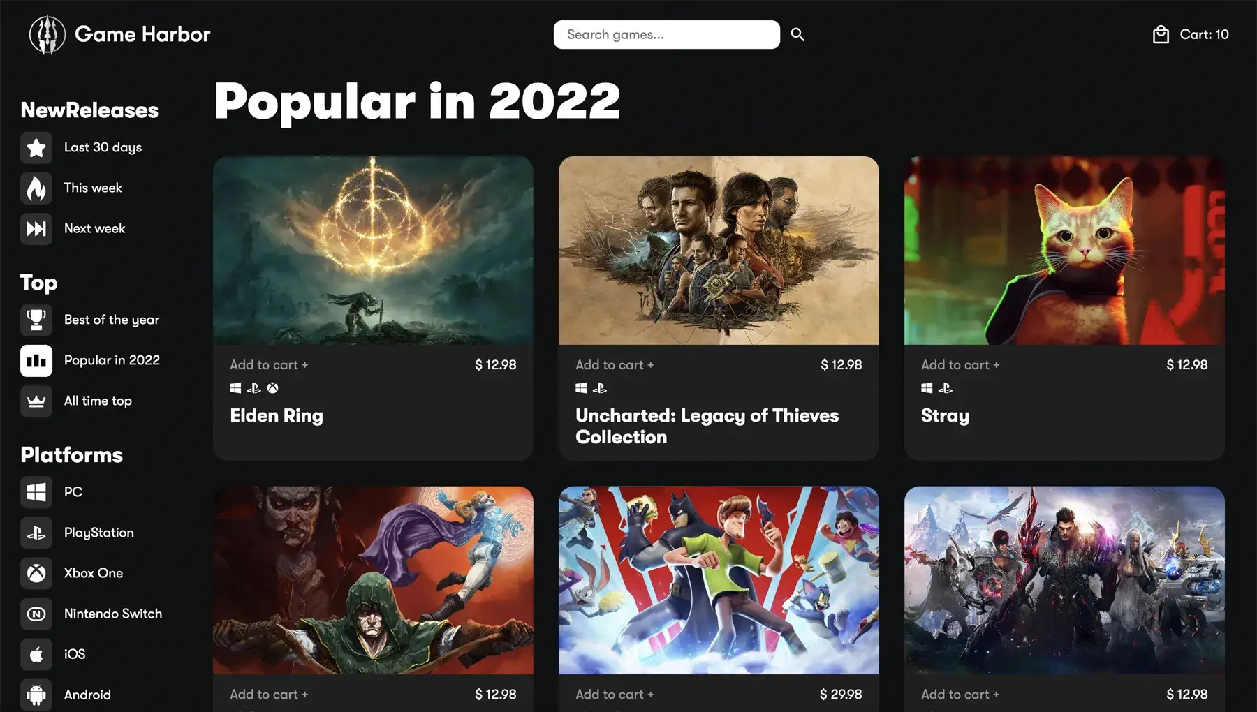 Games page with filter "Popular in 2022"