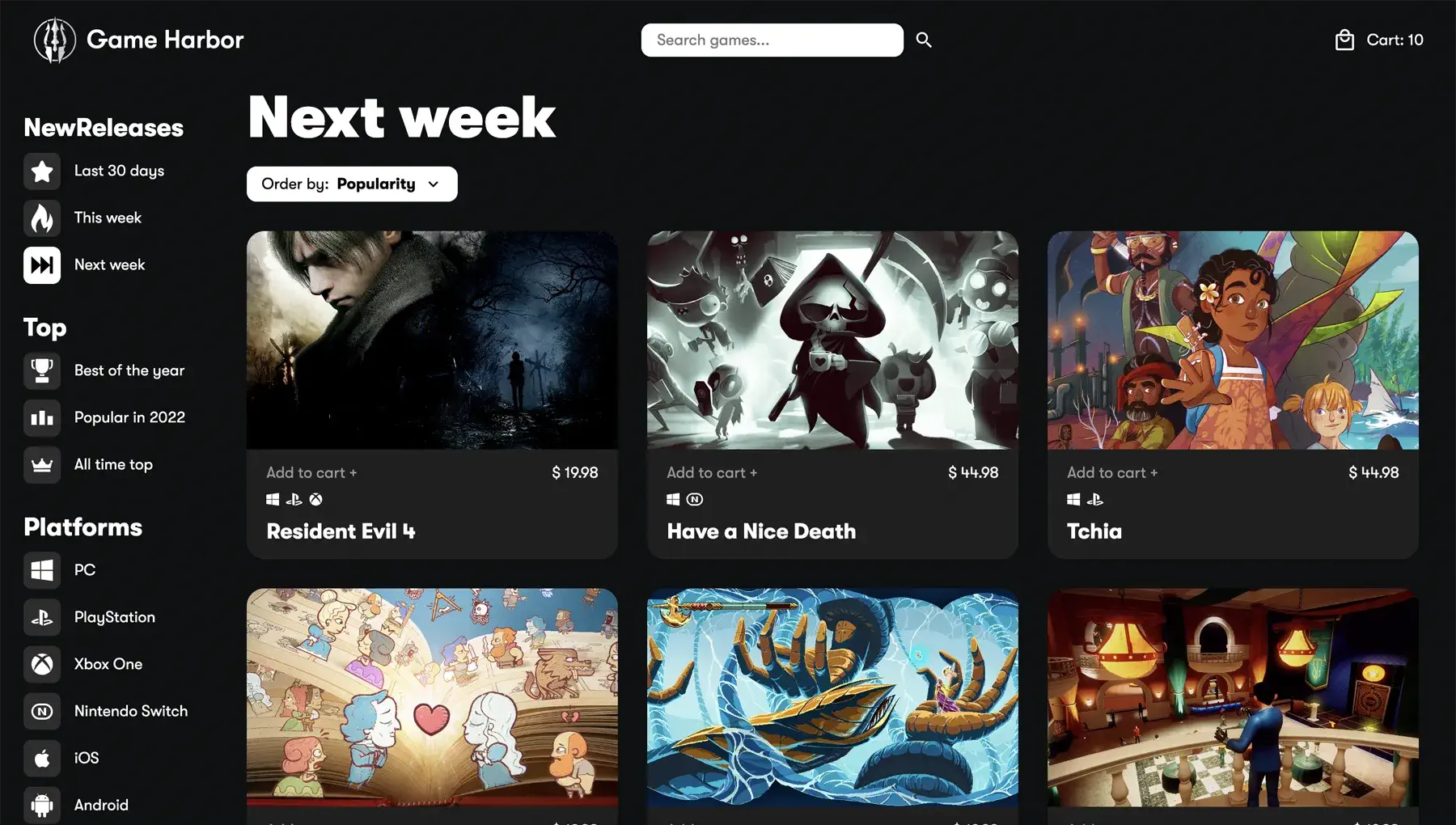 Games page with filter "Next week"